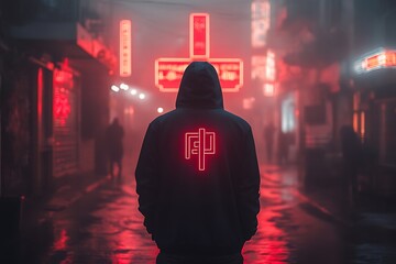Person in hooded jacket in neon-lit alley.