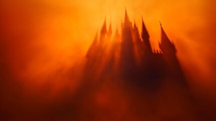 Orange Halloween background with spooky black castle shadow