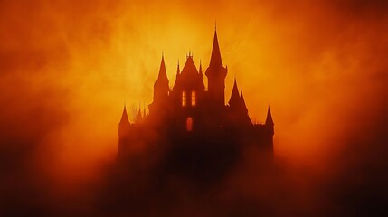 Orange Halloween background with spooky black castle shadow
