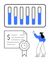 Woman pointing to bar chart with six vertical bars in blue. Financial document with a dollar symbol and a clock badge ribbon. Ideal for business, finance, reporting, certification, analysis
