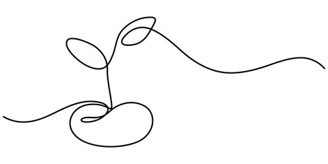 Young Plant Growing. Continuous line drawing sprout with leaves isolated on white background. Poster with seedling. Vector illustration, Single continuous line art growing sprout. Plant leaves seed. 