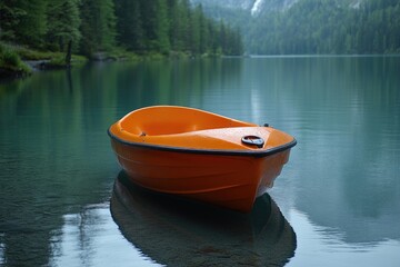 A small orange boat sits peacefully on the surface of a serene lake, perfect for use in travel or water-themed illustrations