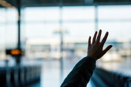 A person stands at a window with their hand raised, possibly seeking attention or making a point