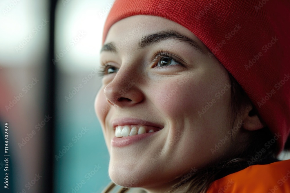 Aufkleber A close-up shot of a person wearing a bright red hat, ideal for use in editorial or advertising content where a statement-making accessory is required