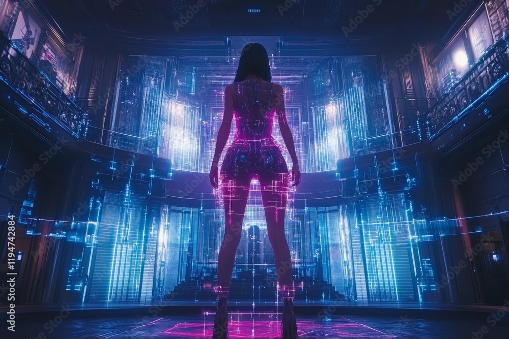 Poster a lone silhouette stands in a futuristic digital cityscape, surrounded by towering neon architecture