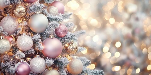 Christmas tree with pink white and gold ornaments against a soft bokeh background featuring warm sparkling lights and selective focus elements