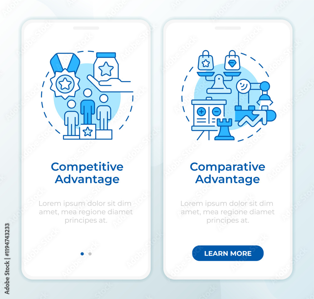 Poster competitive vs comparative blue onboardingmobile app screen. walkthrough 2 steps editable graphic in