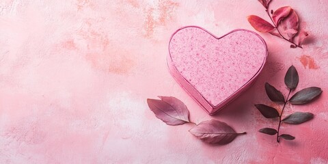 Heart-shaped pink gift box positioned center-left on soft pink stone backdrop, surrounded by delicate leaves, creating a romantic Valentine's Day theme.