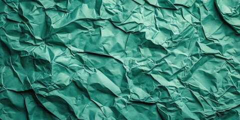 Crumpled emerald green craft paper texture with deep wrinkles and creases creating a vintage look suitable for backgrounds or copy space.