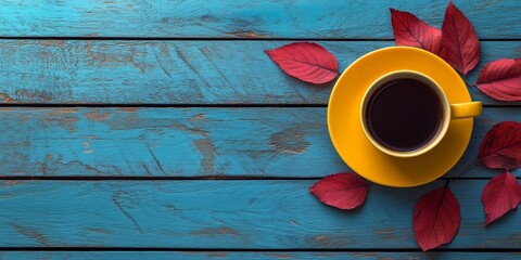 Coffee cup on yellow saucer positioned center on blue wooden boards surrounded by red leaves showcasing ample negative space for layout design