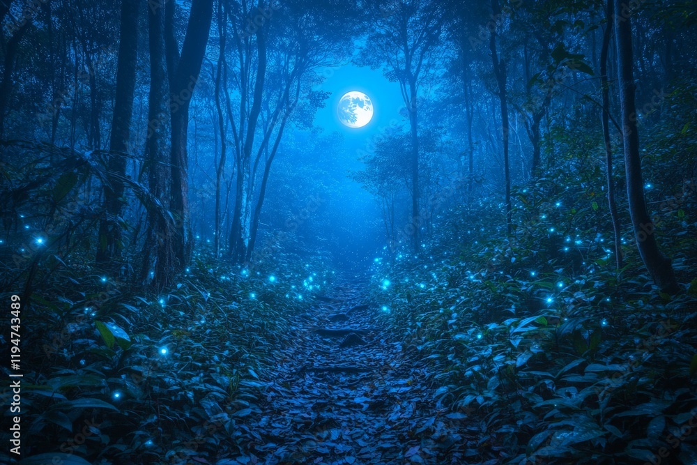 Aufkleber A mystical forest path illuminated by the enchanting glow of a blue moon, surrounded by sparkling fireflies, evoking wonder and tranquility in a magical setting.