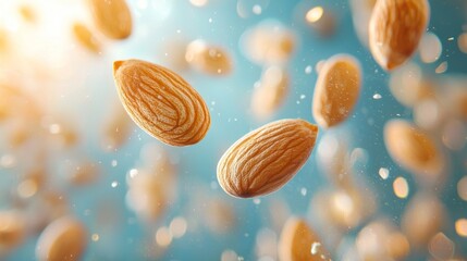 Raw almonds are captured in intricate detail, highlighting their unique textures and colors. Soft light enhances their elegance against a dreamy blue background, creating a serene atmosphere