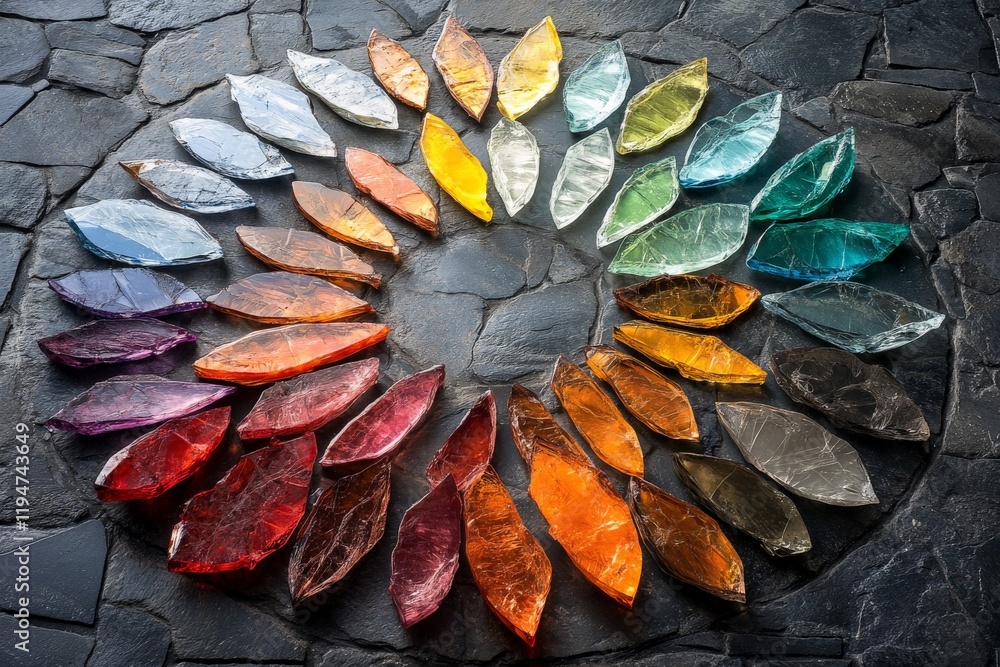 Poster an elegant arrangement of glass leaves, each a different color, placed in a circular pattern against