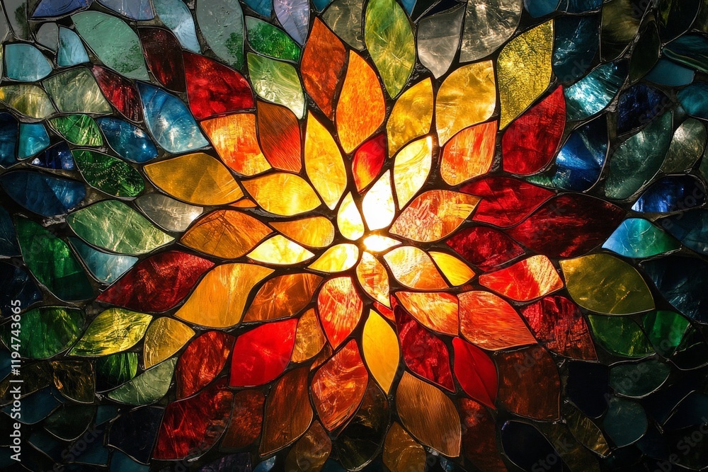 Leinwandbilder a vibrant sunburst pattern of stained glass showcasing a spectrum of colors, arranged beautifully to
