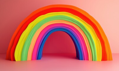 Obraz premium Colorful rainbow sculpture with vibrant layers of red, orange, yellow, green, blue, and purple against a soft pink background