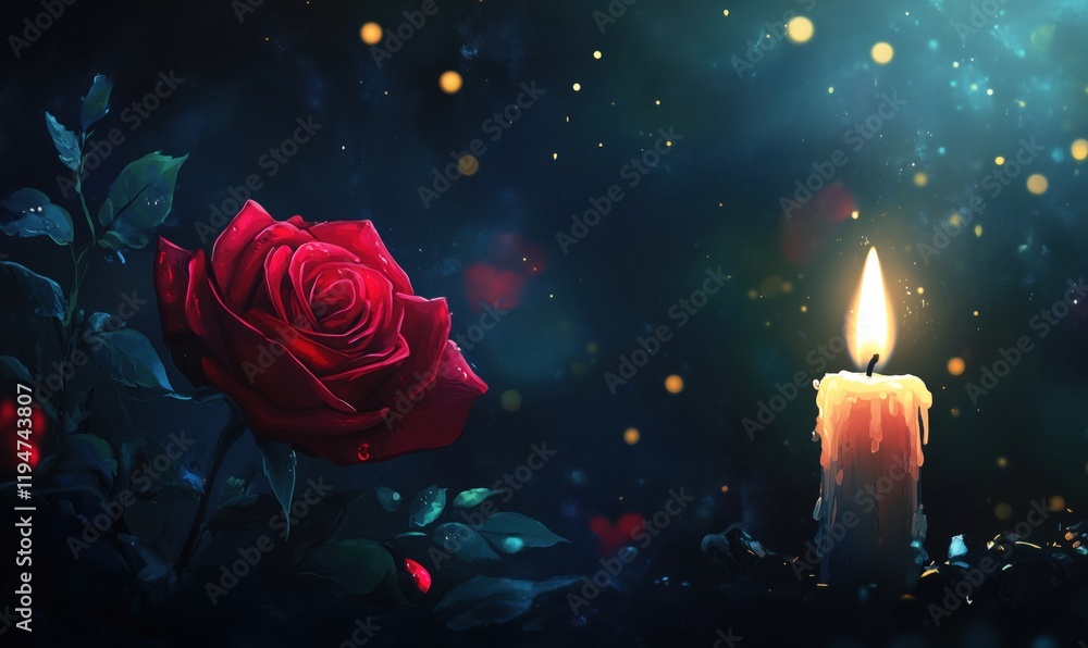 Poster red rose illuminated by candlelight in dark mystical setting with glowing particles and soft bokeh e