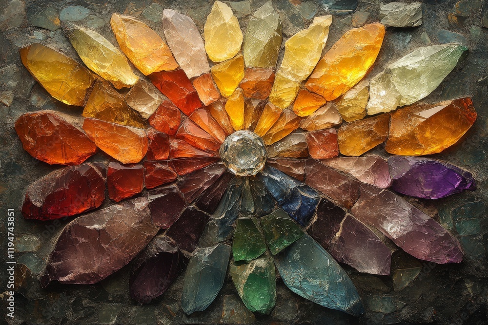 Poster a vibrant arrangement of colored gemstones creating a radiant sunburst pattern on a textured backgro