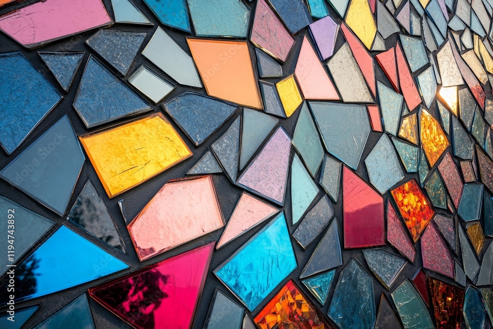 Poster a striking geometric stained glass display showcasing a dynamic interplay of colors and shapes, embo