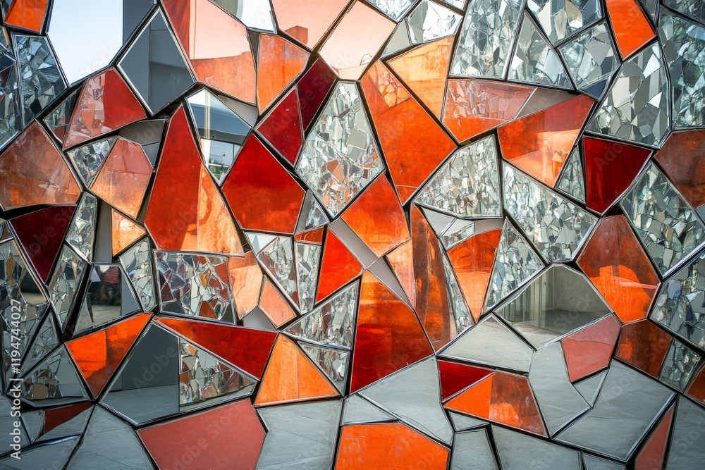Leinwandbilder This image showcases a vibrant geometric pattern composed of red mirrored textures, creating a dynamic blend of reflections and sharp angles in an abstract style.