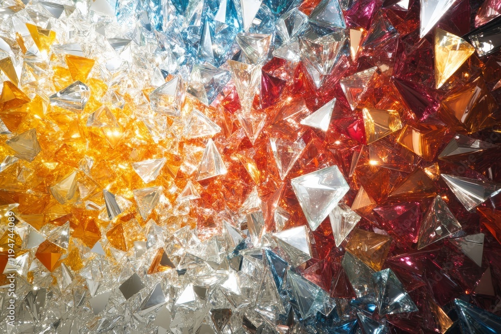 Aufkleber A vivid spectrum of triangular crystal formations displaying an array of colors from white to red, illustrating a multifaceted, prism-like aesthetic with depth.