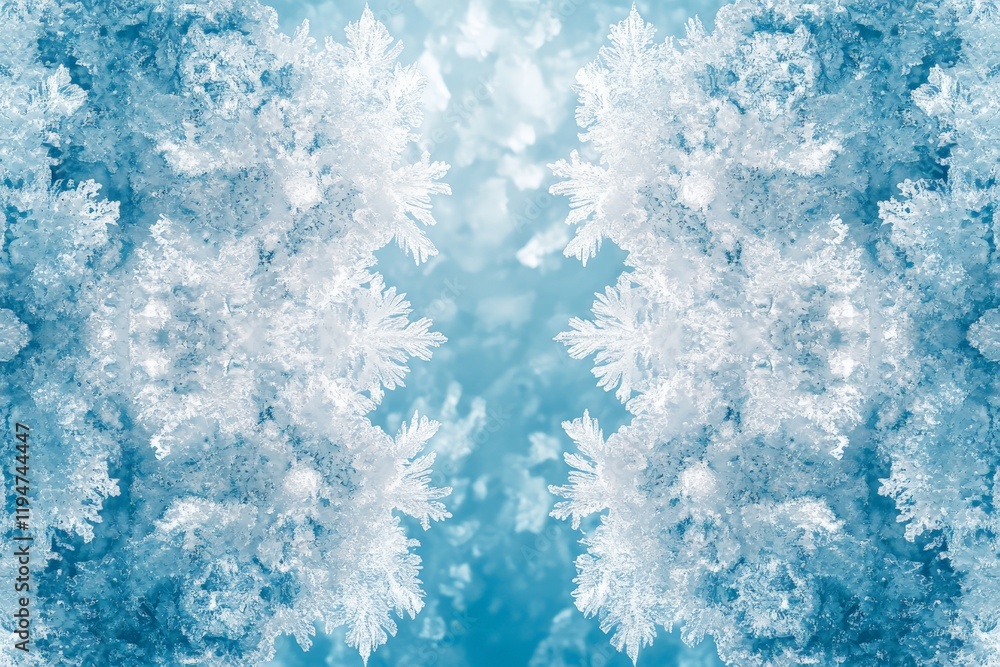 Poster an intricate view of symmetrical snowflakes mirrored to form a dazzling icy wonder, showcasing the n