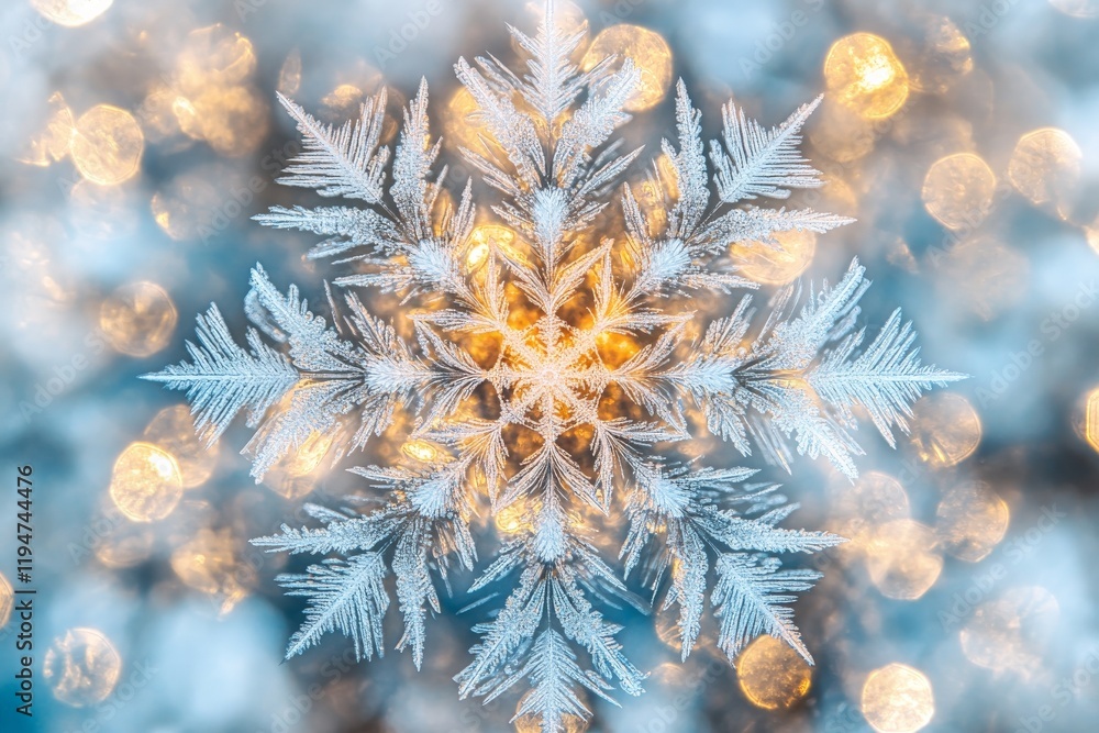 Aufkleber A close-up of a detailed snowflake overlaying a bokeh background with warm golden lighting, highlighting the delicate fractal patterns and intricate formations.