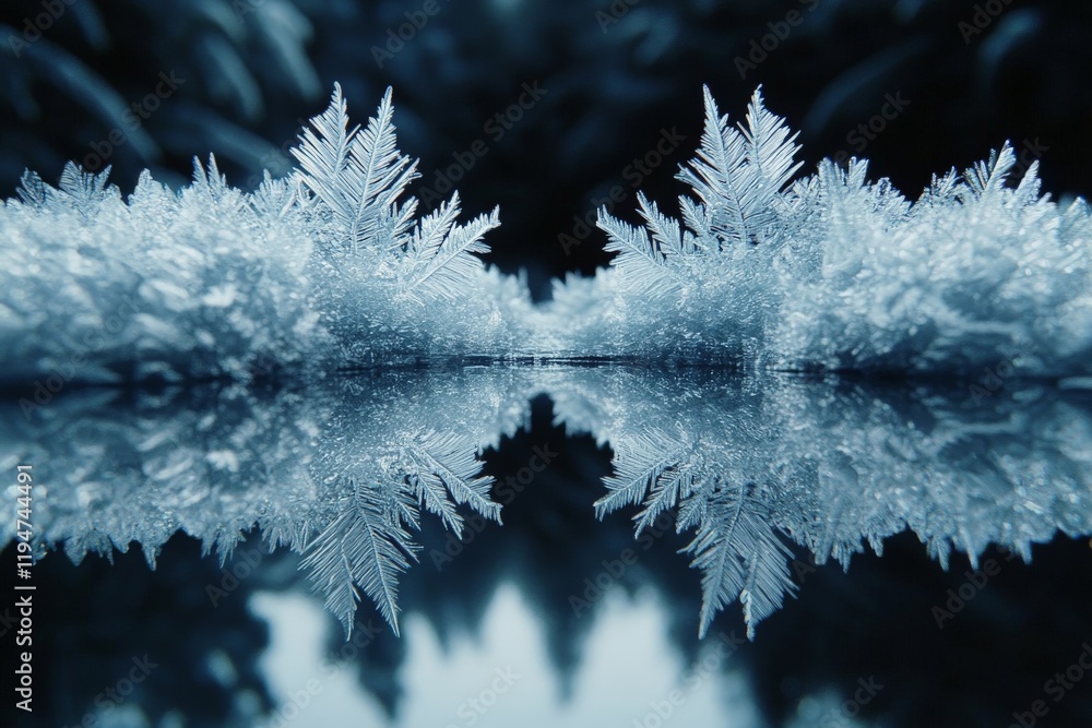 Poster a mesmerizing close-up of symmetrical ice crystals with elegant, frosty textures reflecting light be