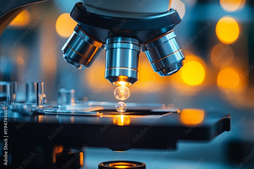 Poster A detailed close-up of a microscope focusing on its lenses and a specimen, set against a warm, bokeh-lit background in a laboratory environment.
