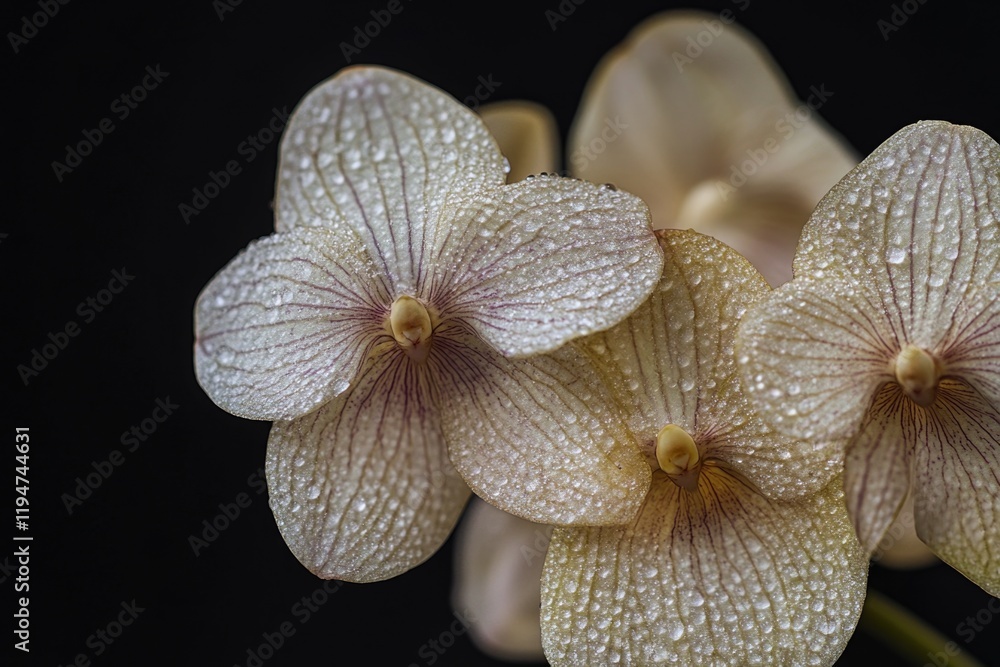 Poster a detailed view of a flower with water droplets on its petals, perfect for use in still life photogr