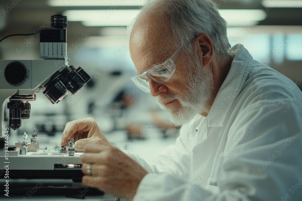 Aufkleber an elderly scientist intensely focuses on a microscope in a lab, embodying a lifetime of research an