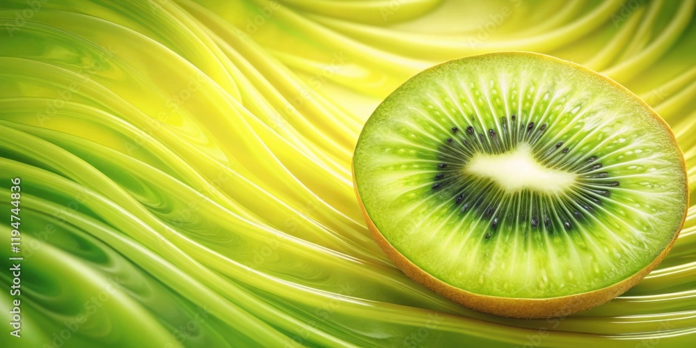 Poster a vibrant kiwi fruit slice rests on a glossy, lime-green surface with flowing, wave-like texture.