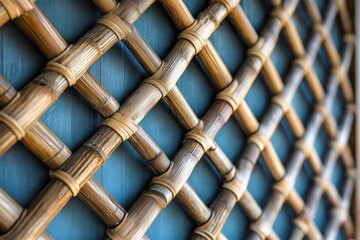 This artistic bamboo lattice captures depth and perspective with its structured design. The neatly woven bamboo creates a dynamic and visually appealing texture.