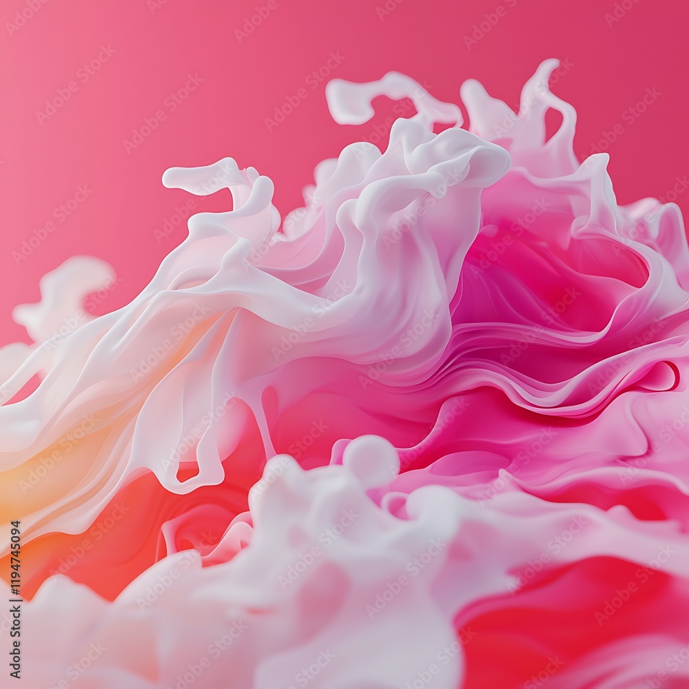 Poster a vibrant, abstract design featuring flowing shapes in shades of pink and white, creating a dynamic 