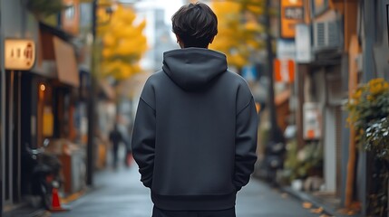 Man in hoodie facing away, walking down autumnal city street.