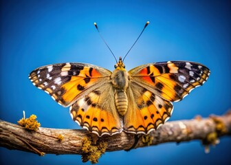 Naklejka premium Painted Lady Butterfly on Branch, Vibrant Blue Sky - Stock Photo