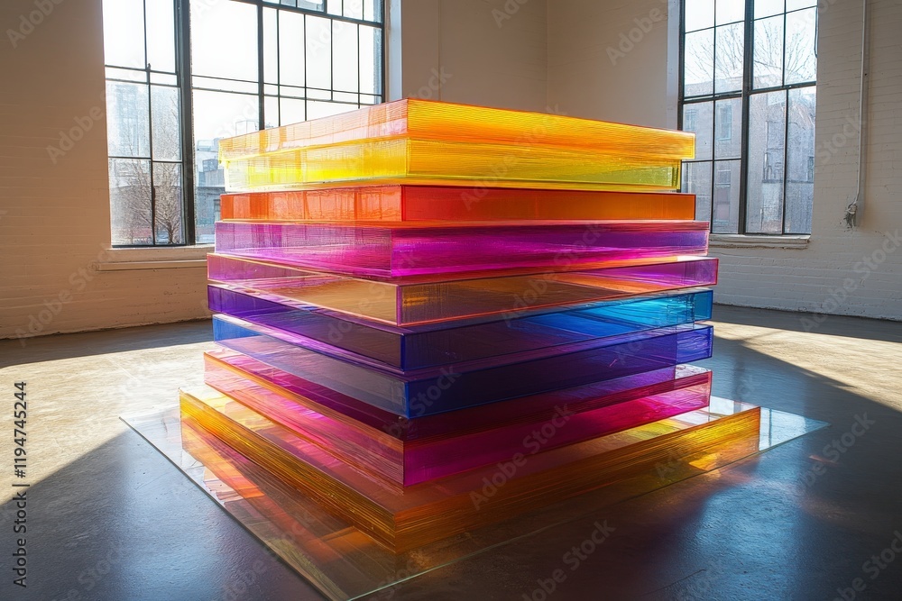 Leinwandbilder a stunning art installation of multilayered glass panels, vividly colored and expertly arranged to c