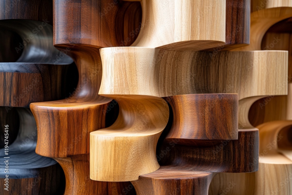 Poster a close-up view of intricately carved wooden blocks, showcasing interlocking wave patterns in variou