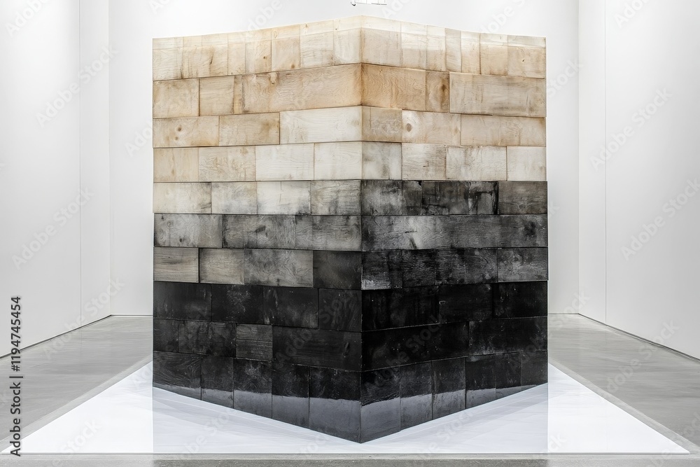 Aufkleber A modern installation showcasing wooden blocks arranged in a triangular formation, with a gradient transitioning from black to white, creating visual contrast.