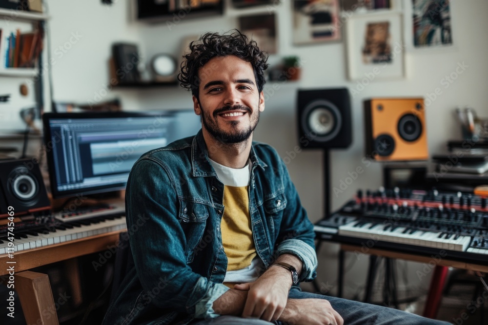 Poster a musician sits at his keyboard in a recording studio, surrounded by instruments and equipment