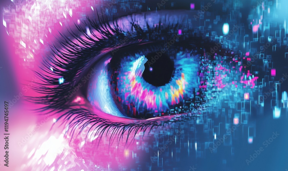 Poster digital eye with colorful patterns and glowing effects, abstract representation of vision and techno