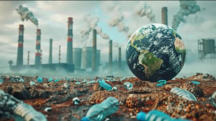 Planet Earth against the background of pollution: ecology, industry, factories. Suitable for environmental campaigns, documentaries on pollution, environmental education projects.
