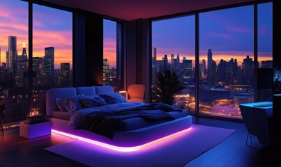 Fototapeta premium Modern bedroom with city skyline view at sunset, featuring ambient lighting and contemporary decor