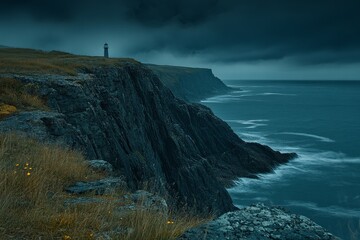 A lighthouse stands unwavering on a rocky coast against a moody blue sky, exuding strength and resilience in the face of nature's power and unpredictability.