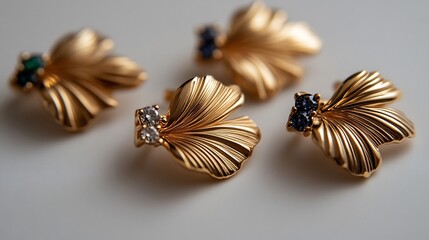 Fototapeta premium Elegant Gold Leaf Earrings with Gemstones: A Luxurious Jewelry Collection