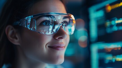 A focused individual in safety glasses engages with digital screens, showcasing a blend of technology and innovation in a professional environment.