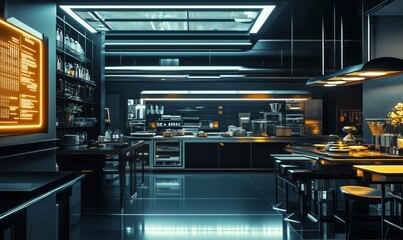 Obraz premium Modern sleek kitchen interior with neon lighting, minimalist design, and high-tech appliances