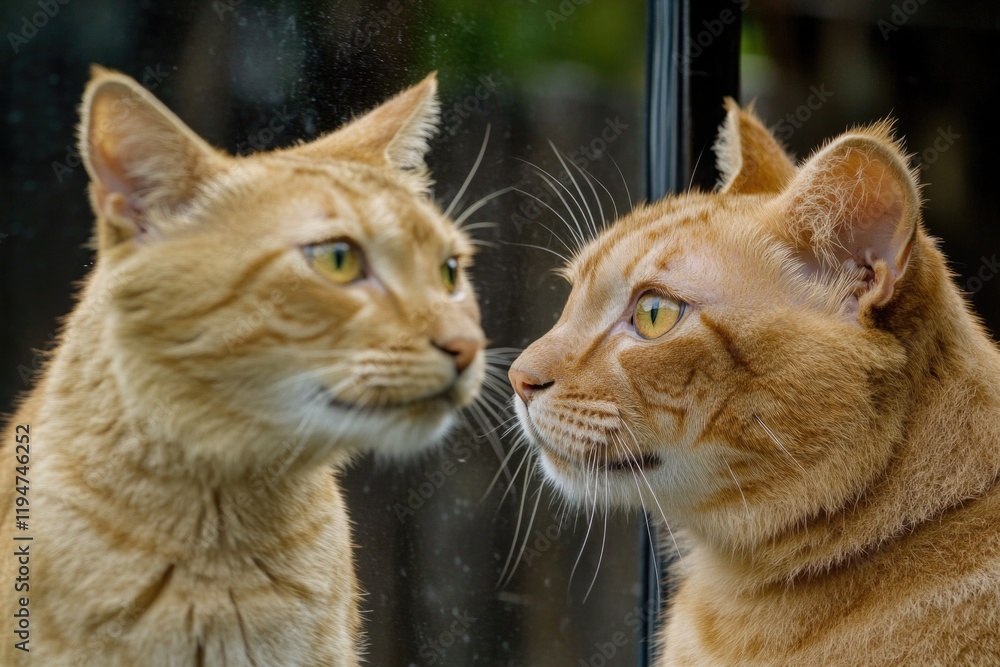 Poster A curious cat looking at its own reflection in a mirror