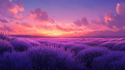 Obraz premium A tranquil view of a lavender field at dusk, with the horizon glowing in soft, warm sunset hues