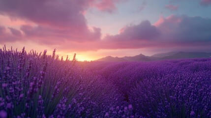 A tranquil view of a lavender field at dusk, with the horizon glowing in soft, warm sunset hues