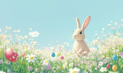 Obraz premium Cute rabbit in vibrant flower field surrounded by colorful Easter eggs, bright blue sky, cheerful spring atmosphere